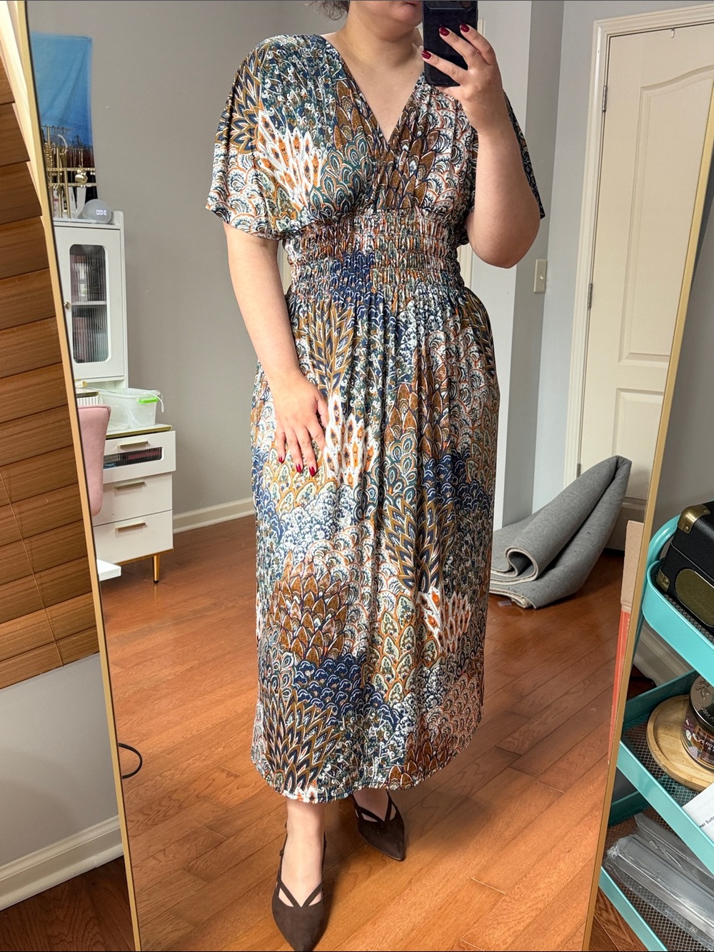 Smocked V-Neck Maxi Dress in Blue and Brown Peacock Print